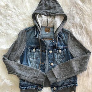 Denim Jacket with Grey Sleeves and Hood